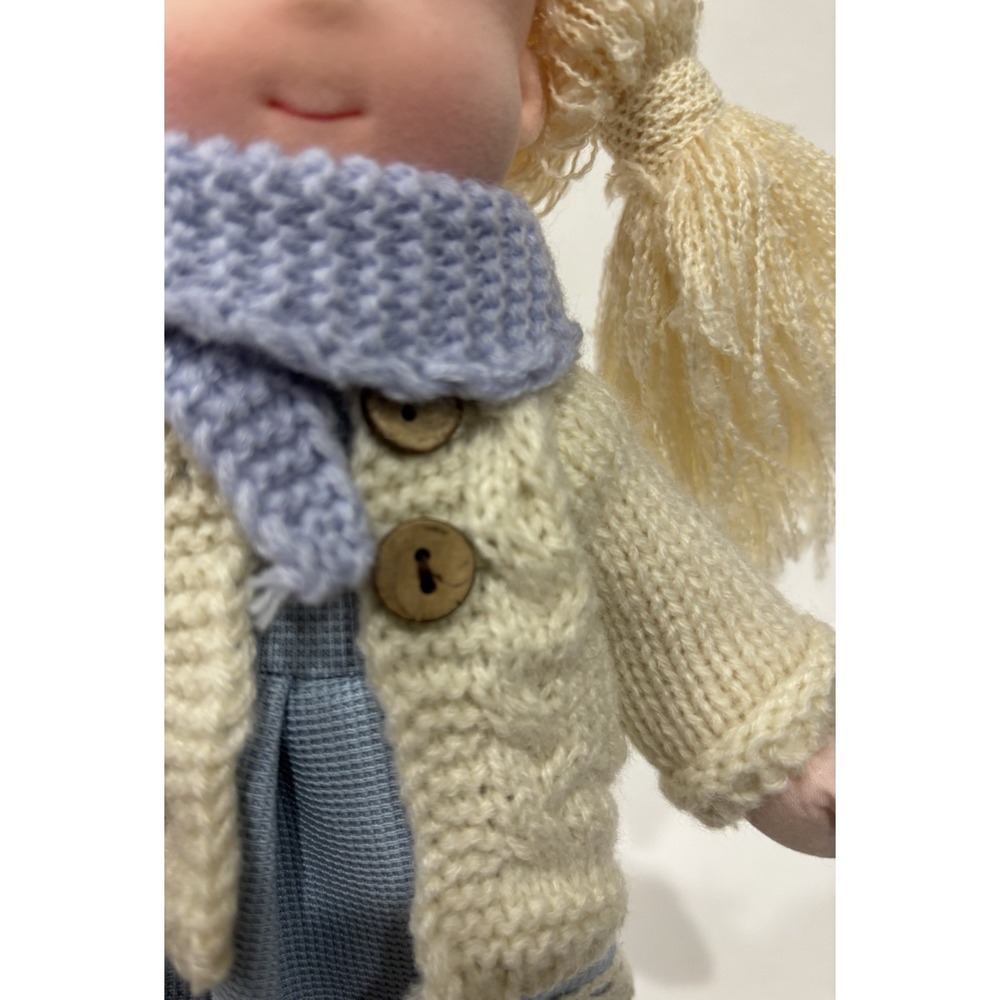 12" Handmade Rag Doll Blonde Pigtails Blue Dress Knit Sweater Plush Toy - Picture 8 of 9